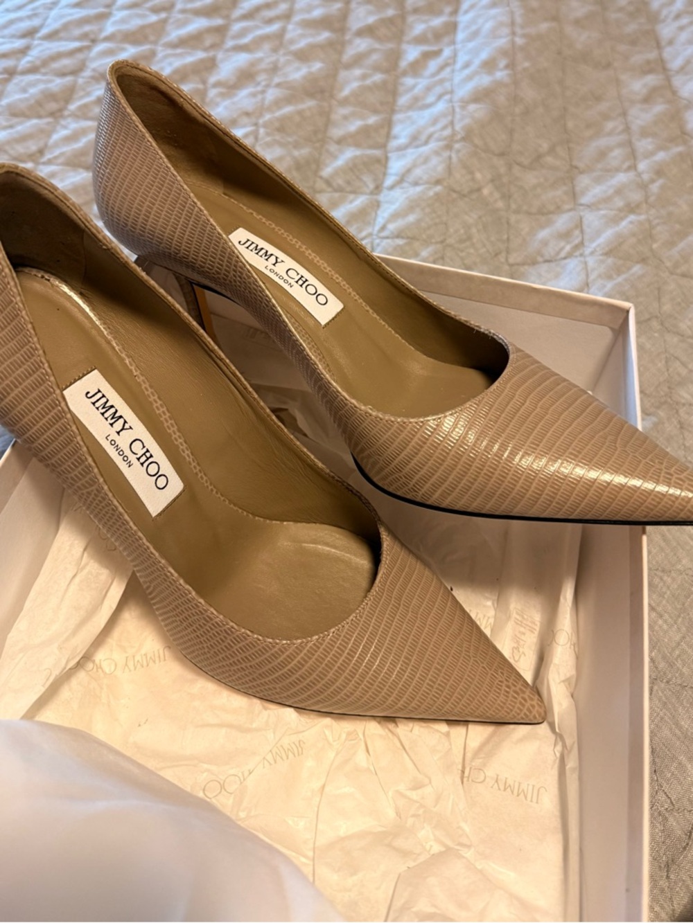 Jimmy Choo Women's Pointed Toe Leather Pumps in Taupe color embossed croc,